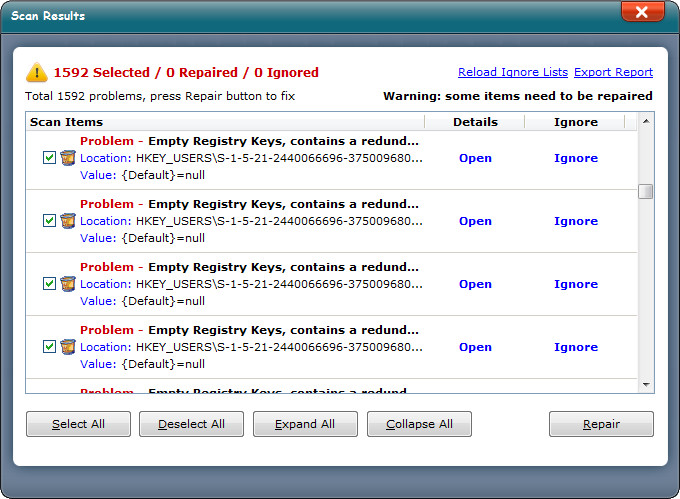 empty registry keys