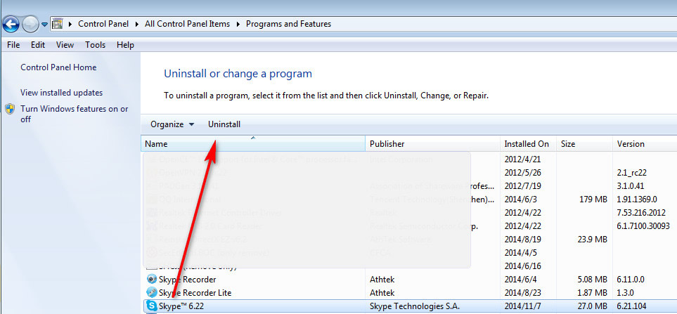 uninstall skype 6.22