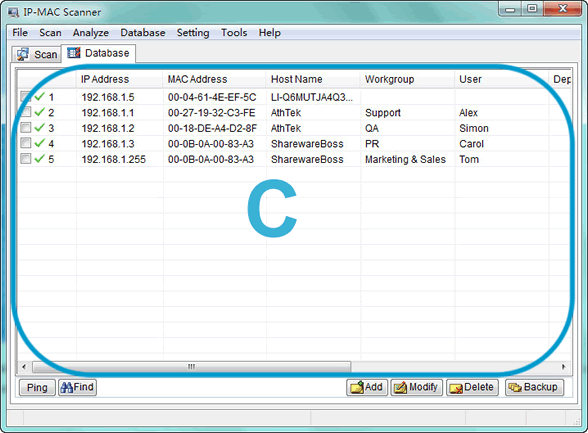 Database of network scanner