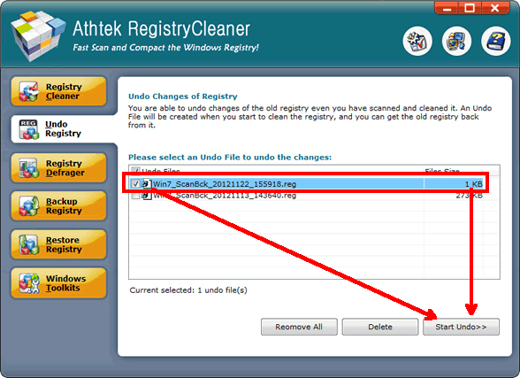 Undo Changes by Best Registry Cleaner