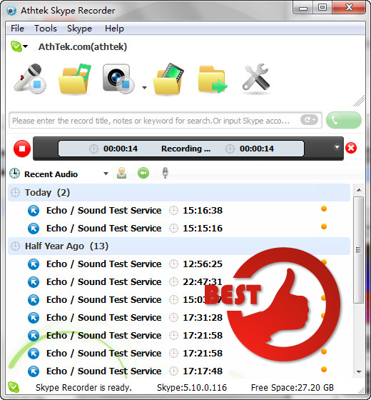 Screenshot of AthTek Skype Recorder 5.9.5