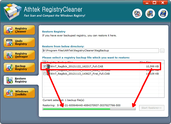Restore with Win7 Registry Cleaner